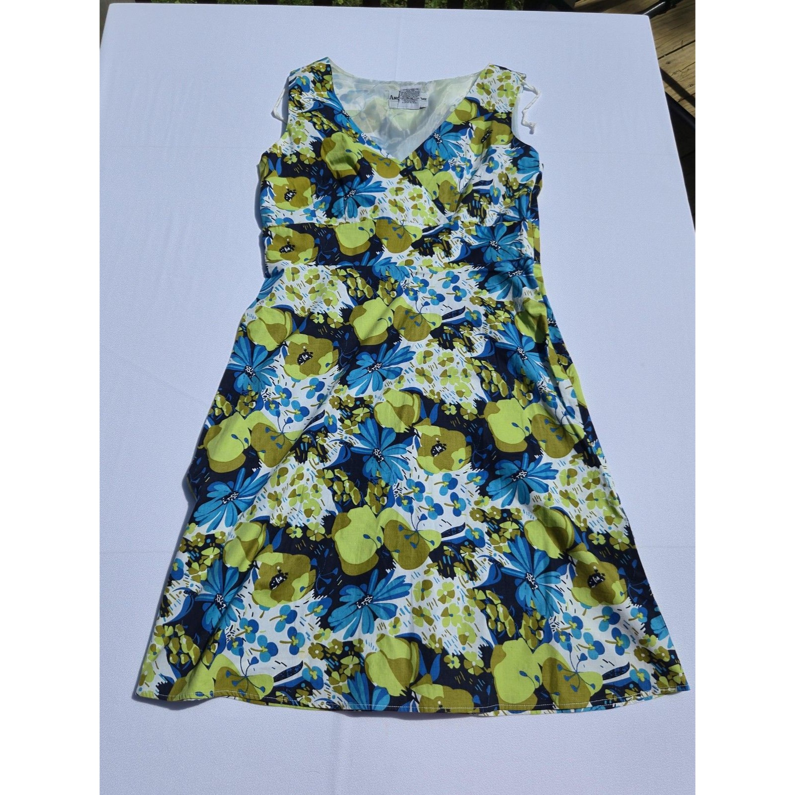 Another Thyme Dress Womens Medium Blue Green Floral Sleeveless V Neck A Line